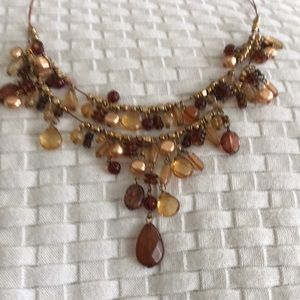 Double Stand Brown Amber and Gold Beaded Necklace